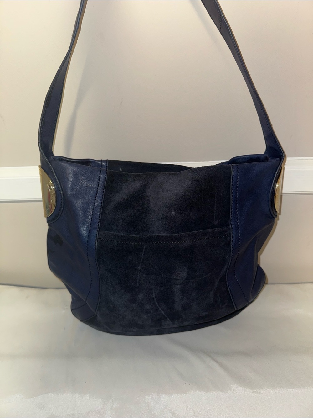Leather & Suede Navy Shoulder Bag